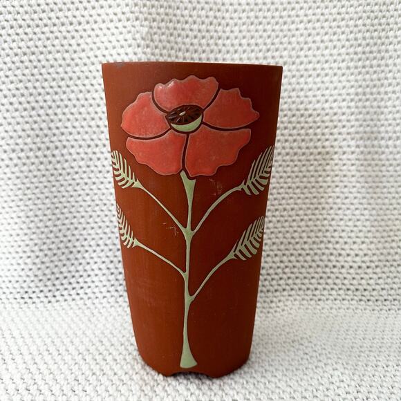 Kate Lilly Ceramics Terracotta Poppy Flower Floral Oval Slim Vase 10" Signed - Picture 1 of 6
